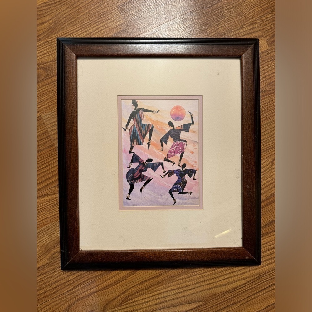 Vintage Edward Halessie Framed Lithograph Celebration Print 17x15 Africa Art